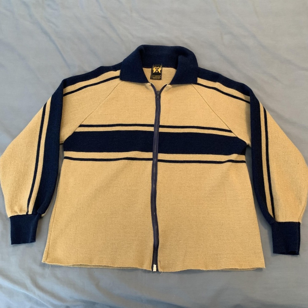 Vintage Hands Off Sweater Mens XL Beige Blue Stripe Knit‎ Full Zip Jacket 70s